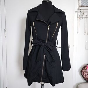Goldsinfinity Gyaru Black Zip-Up Moto Coat with Belt Sash And Gold Zippera